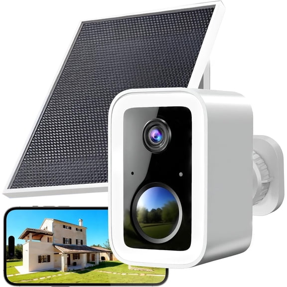 Camera Outdoor with Solar Panel, Free Cloud Storage, Integrated Spotlight & Siren, 1-6 Months Life, Cameras for Support 5G & 2.4GHz WiFi, IP66 Weatherproof