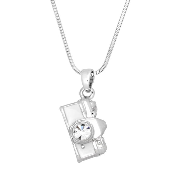 Camera Pendant Necklace or Earring Rhinestone Crystal Rhodium Plated 17 Inch Snake Chain J0389-CR