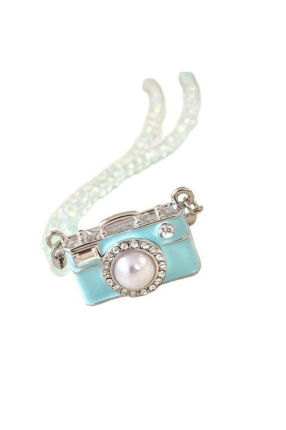 Camera Pendant Necklace with Simulated Crystals Chain Handmade Jewelry Gift