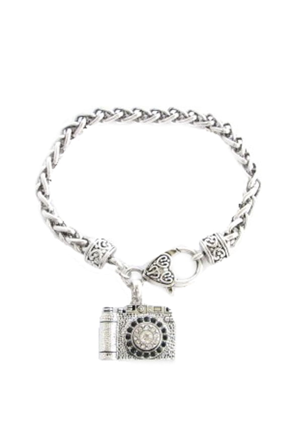 Camera Photographer Crystal Charm On Silver Plated Fashion Bracelet.