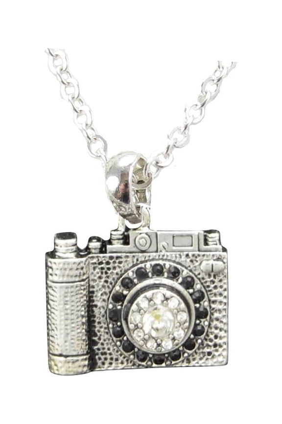 Camera Photographer Crystal Charm On Silver Plated Fashion Necklace