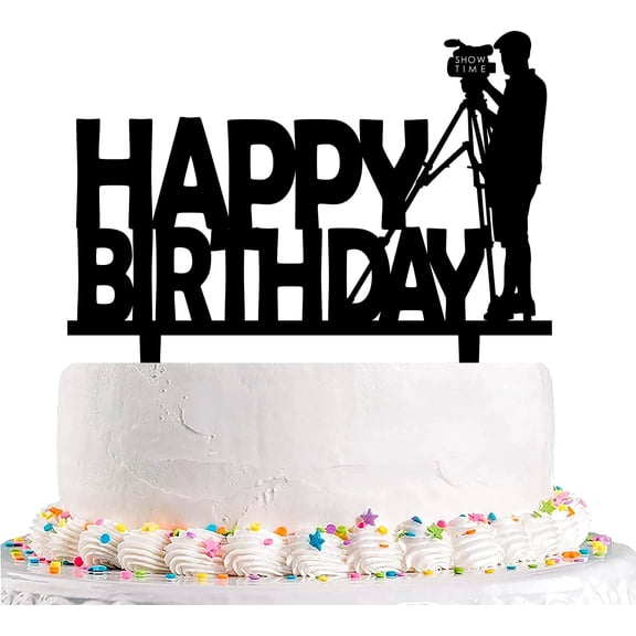 Camera Photographer Happy Birthday Cake Topper, 1 Count, 5.9"W x 6.7"H, Red, Photography-themed, Acrylic, Birthday Occasion