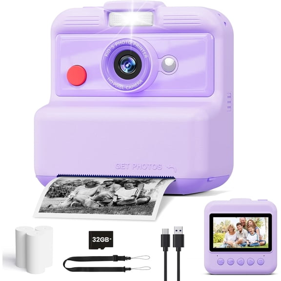 Camera Print, 48MP/2.5K UHD Print Camera, Christmas Birthday Gifts for Girls and Boys, 3.0" Screen with Print Paper & 32G Card, for 3-14 (Purple)
