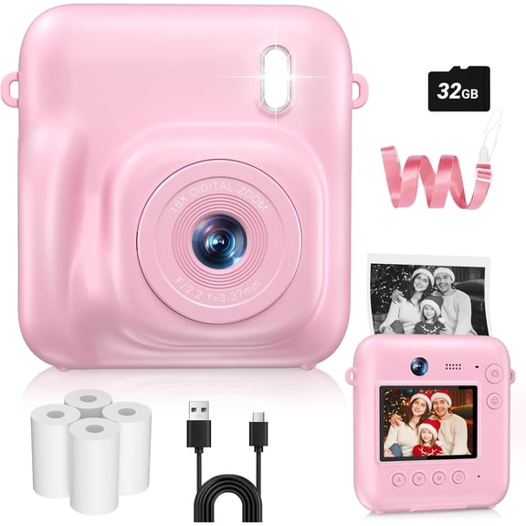 Camera Print, 48MP Dual-Lens Digital Camera for Girls Boys Christmas Birthday Gifts, 1080P Selfie Cameras for Video, Portable for 4-12 with 32GB Card-