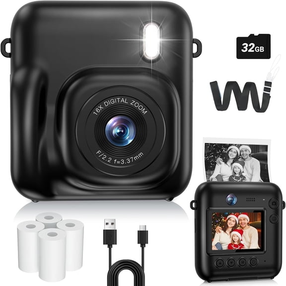 Camera Print, 48MP Dual-Lens Digital Camera for Girls Boys Christmas Birthday Gifts, 1080P Video Selfie Cameras, Portable for 4-12 with 32GB Card-Black