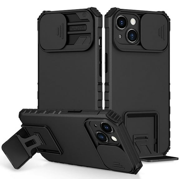 Camera Privacy Cover Hybrid Case with Kickstand for iPhone 14 - Black