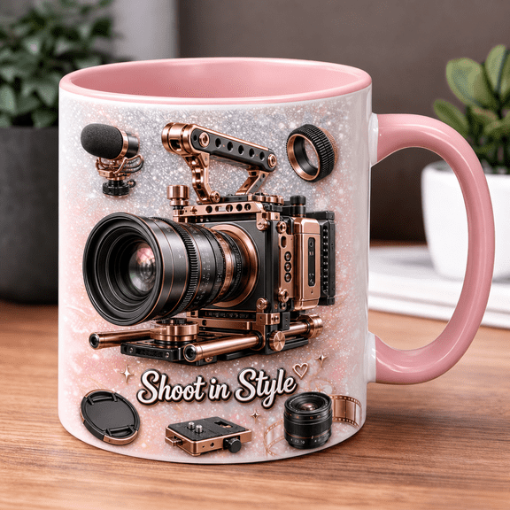 Camera Rig Ceramic Coffee Mug, Pink Video Lens Coffee Cup for Videographers