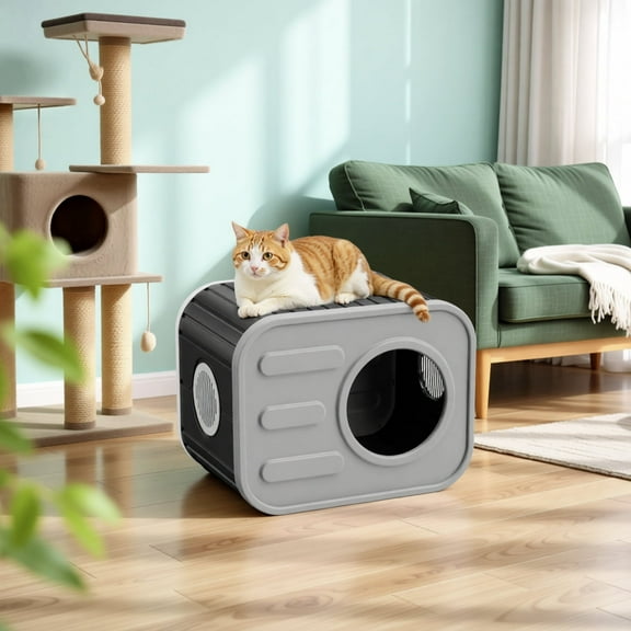 Cat House for Indoors and Outdoors - 20 inch Camera Shaped Resin Weatherproof Cat Shelter Suitable for 1-3 Small & Medium Mutiple Cats,Black&Grey