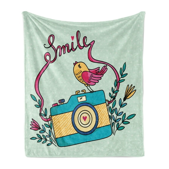 Camera Soft Flannel Fleece Blanket, Love Bird Chirping on Top of Vintage Old Photo Machine with Botany Creative Blooms, Cozy Plush for Indoor and Outdoor Use, 60" x 80", Multicolor, by Ambesonne