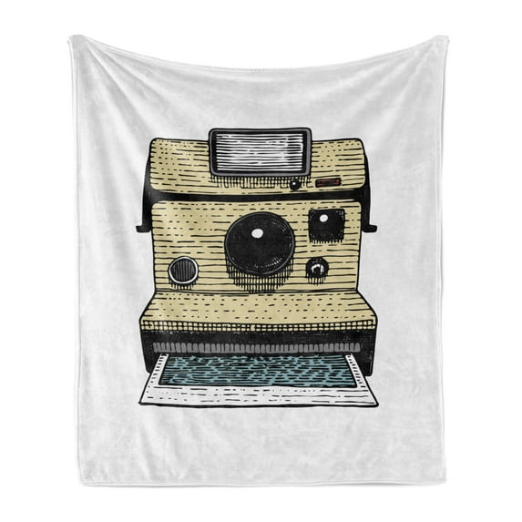 Camera Soft Flannel Fleece Blanket, Vintage Photo Machine Instant Images Old Looking Retro Lens Design Print, Cozy Plush for Indoor and Outdoor Use, 50" x 60", White Beige and Black, by Ambesonne