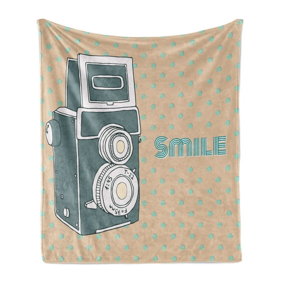 Camera Soft Flannel Fleece Throw Blanket, Nostalgic Smile Calligraphy on Polka Dots Film Movie Hippie Theme, Cozy Plush for Indoor and Outdoor Use, 50" x 70", Peach Slate Blue, by Ambesonne