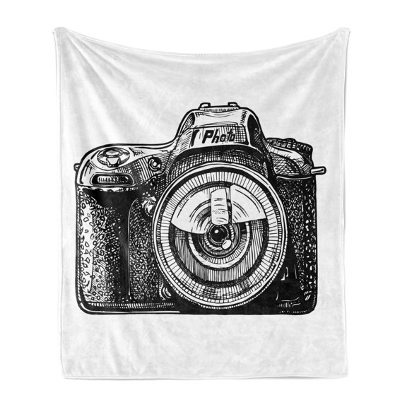 Camera Soft Flannel Fleece Throw Blanket, Sketch Retro Photo Device Capturing Memories Classic Old Times Print, Cozy Plush for Indoor and Outdoor Use, 50" x 70", Black and White, by Ambesonne
