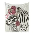 thumbnail image 1 of Camera Soft Flannel Fleece Throw Blanket, Zebra with Floral Head Say Cheese Lettering Exotic Hipster Fashion, Cozy Plush for Indoor and Outdoor Use, 60" x 80", Dark Blue Grey Coconut, by Ambesonne, 1 of 5