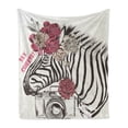 thumbnail image 1 of Camera Soft Flannel Fleece Throw Blanket, Zebra with Floral Head Say Cheese Lettering Exotic Hipster Fashion, Cozy Plush for Indoor and Outdoor Use, 70" x 90", Dark Blue Grey Coconut, by Ambesonne, 1 of 5