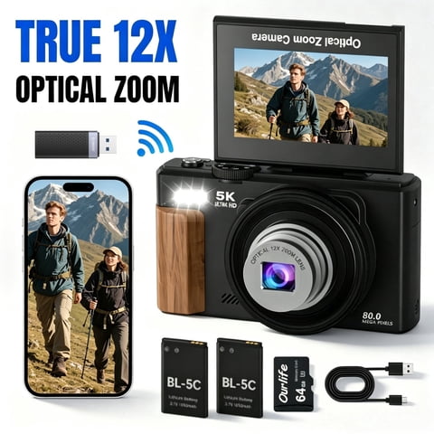 5K Digital Camera 12X Optical Zoom 80MP Autofocus Vlogging Camera,180 Flip Screen, WiFi APP Control, Webcam,Compact Camera with LED Fill Light 64GB Card, 2 Batteries for Travel, YouTube ,Concerts