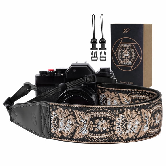 Camera Strap - 2" Full Grain Leather Ends Straps For Photographers Vintage Embroidered Cotton Weave Soft Suede Fabric Padded Quick Release Fits All Cameras