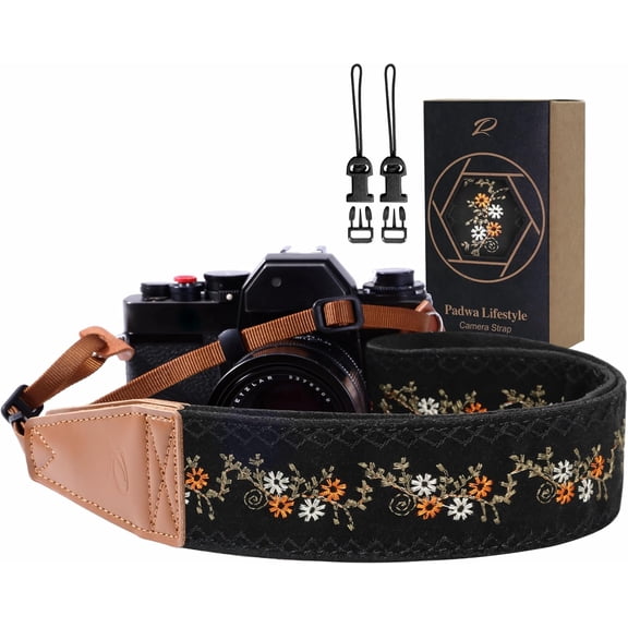 Camera Strap - 2" Full Grain Leather Ends Straps for Photographers, Vintage Embroidered Weave Soft Suede Fabric Padded Quick Release fits All Cameras