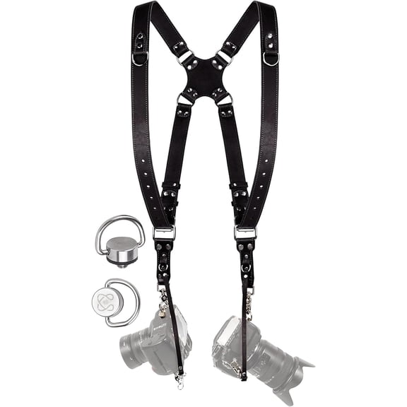 Camera Strap Accessories for Two-Cameras - Dual Shoulder Leather Harness - Multi Camera Gear for DSLR/SLR&nbsp;Black ProInStyle Strap by Coiro