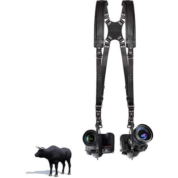Inlisy Double Camera Harness for 2 Cameras, Adjustable Dual Shoulder Leather Camera Strap for DSLR/SLR (Black)