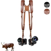 Inlisy Double Camera Harness for 2 Cameras, Adjustable Dual Shoulder Leather Camera Strap for DSLR/SLR Tan