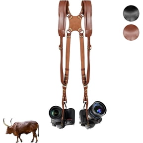 Inlisy Double Camera Harness for 2 Cameras, Adjustable Dual Shoulder Leather Camera Strap for DSLR/SLR (Tan)