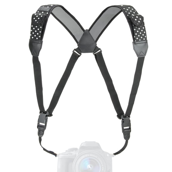 Camera Strap Chest Harness with Polka Dot Neoprene and Accessory Pockets by USA GEAR - Works with Canon , Nikon , Fujifilm , Sony , Panasonic and More DSLR , Point & Shoot , Mirrorless Cameras