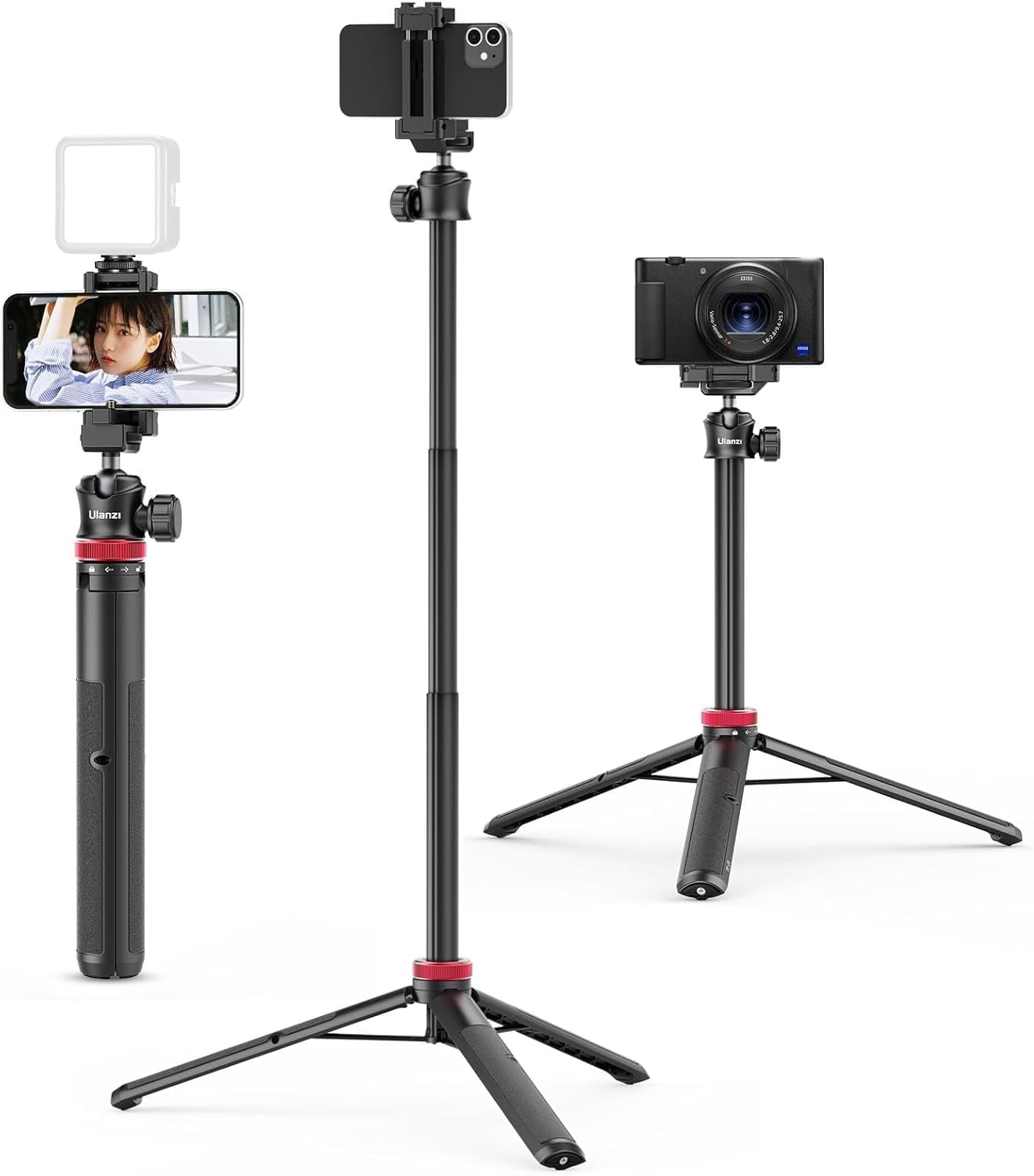 Ulanzi MT-44 Extendable Phone Tripod, 59" Selfie Stick Vlog Stand with 2 in 1 Phone Clip, 360° Ball Head Camera Tripod