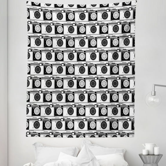 Camera Tapestry, Analog Old Fashioned Photo Recording Film Machines Old Days Memories Pattern, Fabric Wall Hanging Decor for Bedroom Living Room Dorm, 5 Sizes, Black and White, by Ambesonne