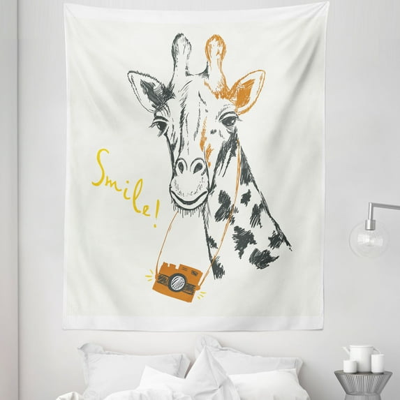 Camera Tapestry, Smile Words with Giraffe and Photo Machine Safari Days Hipster Joyful Memories, Fabric Wall Hanging Decor for Bedroom Living Room Dorm, 5 Sizes, Grey Amber White, by Ambesonne
