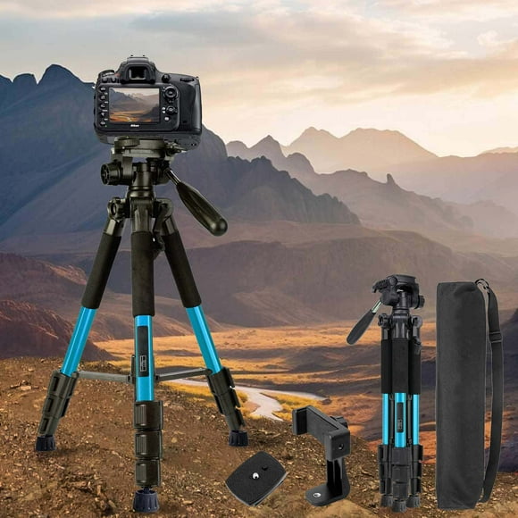 Camera Tripod, 55inch Smartphone Tripod Flexible Aluminum Travel Tripod with Phone Holder, for Photography YouTube Smartphones Cameras and LED Ring Light