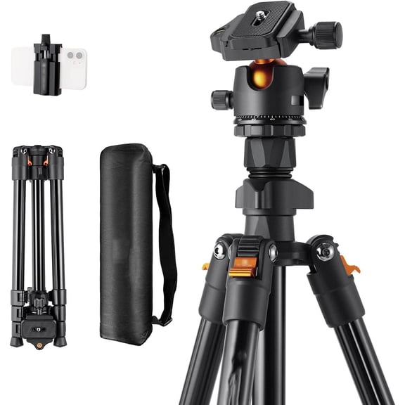 Camera Tripod, Lightweight Travel Outdoor DSLR Tripods with 360 Degree Ball Head, Cellphone Clip for Smartphone Live Streaming Vlog