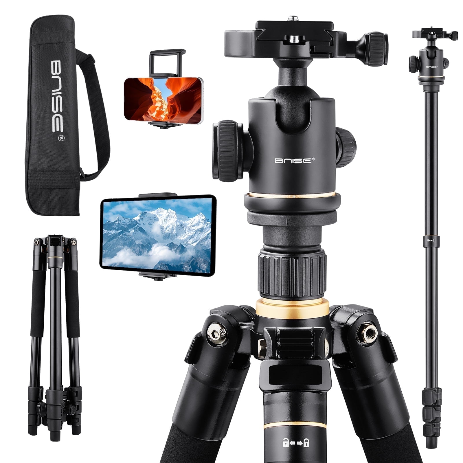 Camera Tripod, Quick-Setup Aluminum DSLR Tripod 64" Monopod-360 Panoramic Metal Ball Head-With Carry Bag,Portable Tripod Phone Adapters,Binoculars Adapters