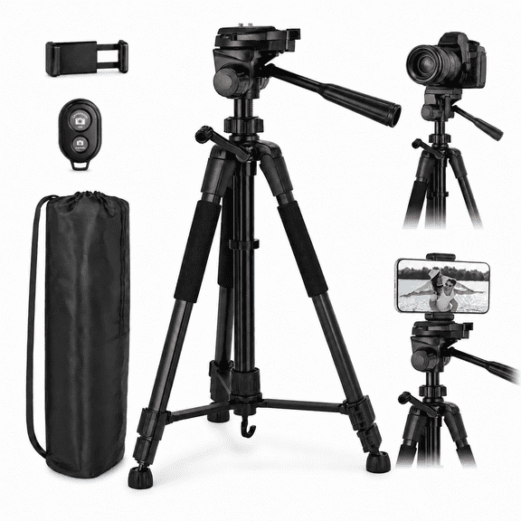 67" Camera Tripod, Adjustable Aluminum Stand with 3-Way Pan Head for DSLR, Mirrorless Camera and Phone, Remote and Bag