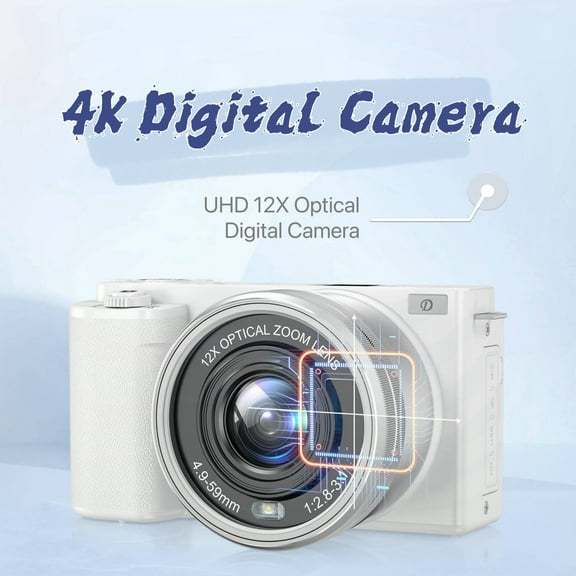 Cameras For Photography, 12X Optical Zoom 4K Digital Cameras With WiFi, 64MP Vlogging Camera, Auto Focus Point And Shoot Camera With 64G TF Cards, Video Camera Travel Camera For Beginners