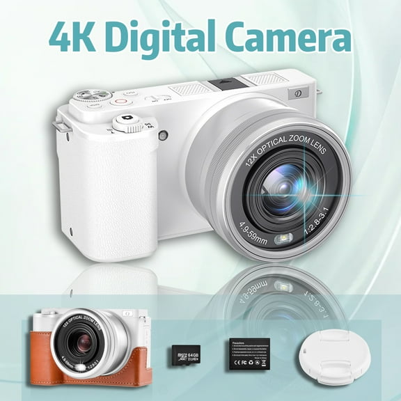 Cameras For Photography, 12X Optical Zoom 4K Digital Cameras With WiFi, 64MP Vlogging Camera, Auto Focus Point And Shoot Camera With 64G TF Cards, Video Camera Travel Camera For Beginners