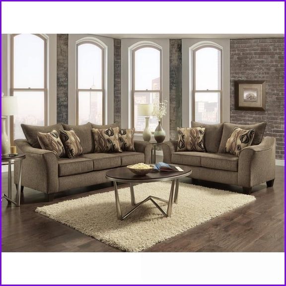 Camero 2-Piece Casual Chic Living Room Set  Sofa & Loveseat, Textured Brown Polyester, Pillow Back, Wood Frame | Seats 5