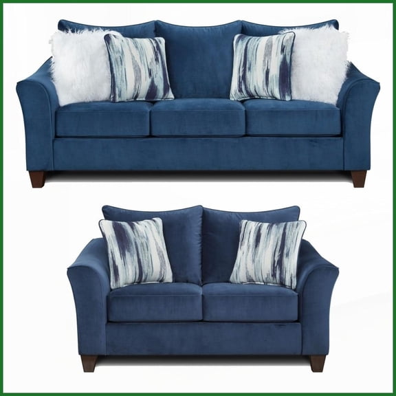 Camero Casual Chic Fabric Pillowback 2-Piece Living Room Set Navy Blue Sofa & Loveseat with High-Density Cushions