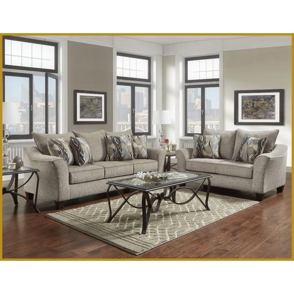 Camero Casual Chic Textured Fabric 2-Piece Living Room Set - Sofa & Loveseat with Pillowback, Gray