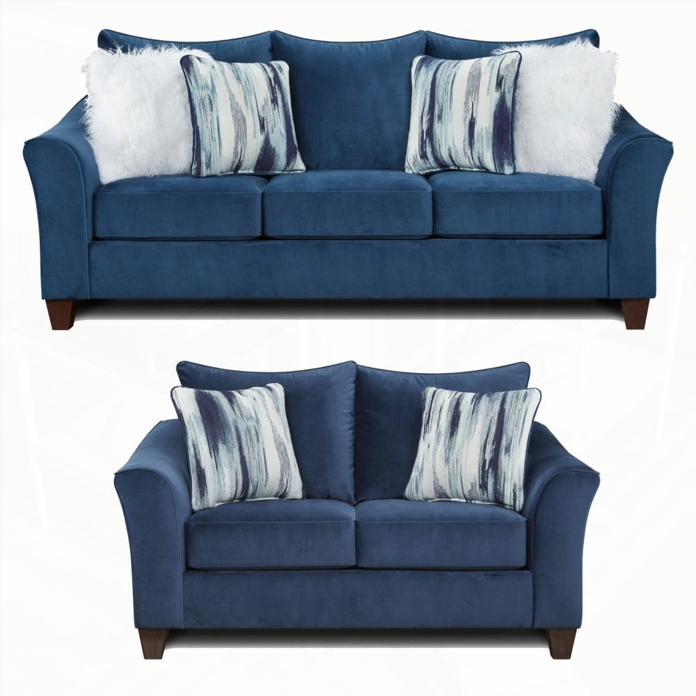 Modern Navy Blue Fabric 2-Piece Living Room Set with Sofa and Loveseat ...