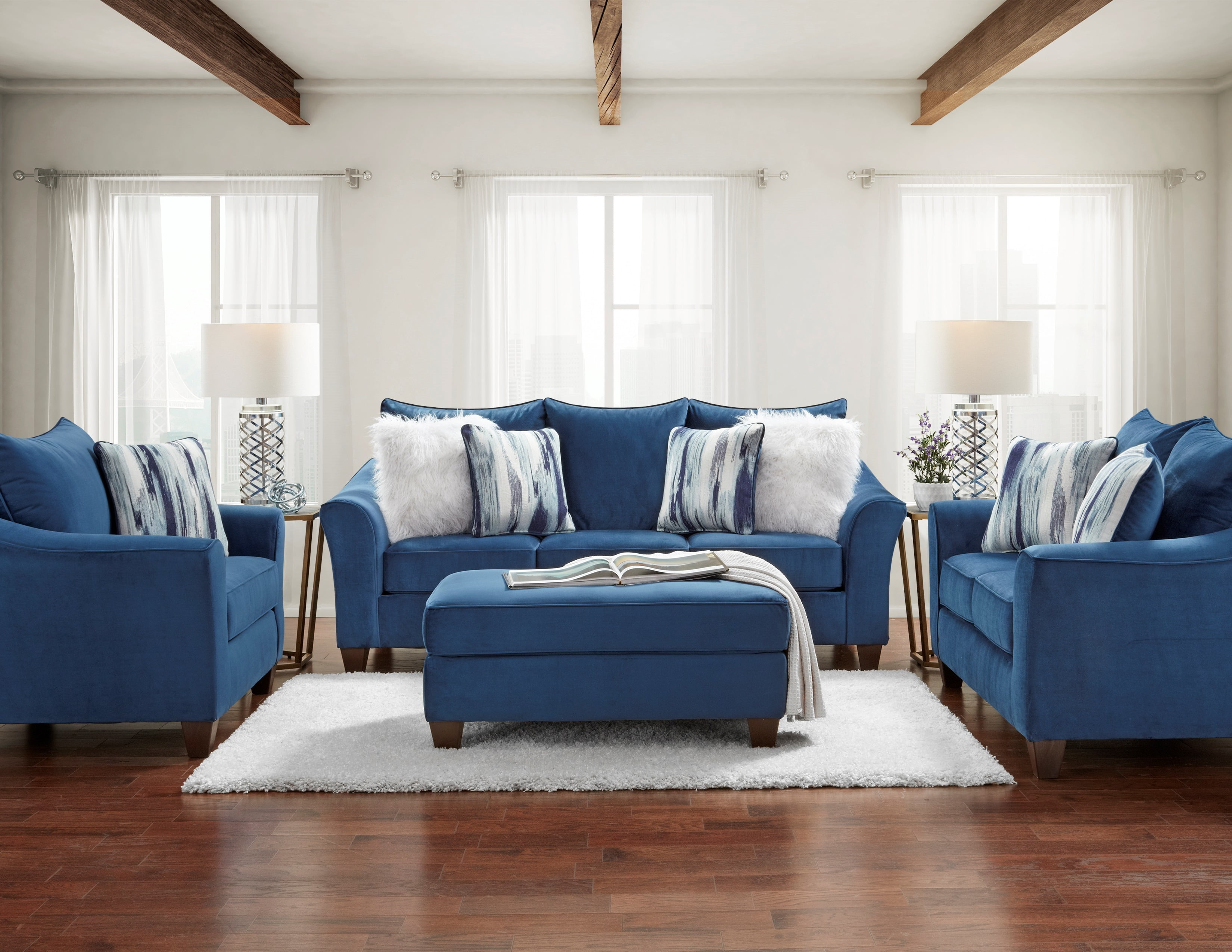 Navy Blue Fabric Pillowback 4-Piece Sofa Set
