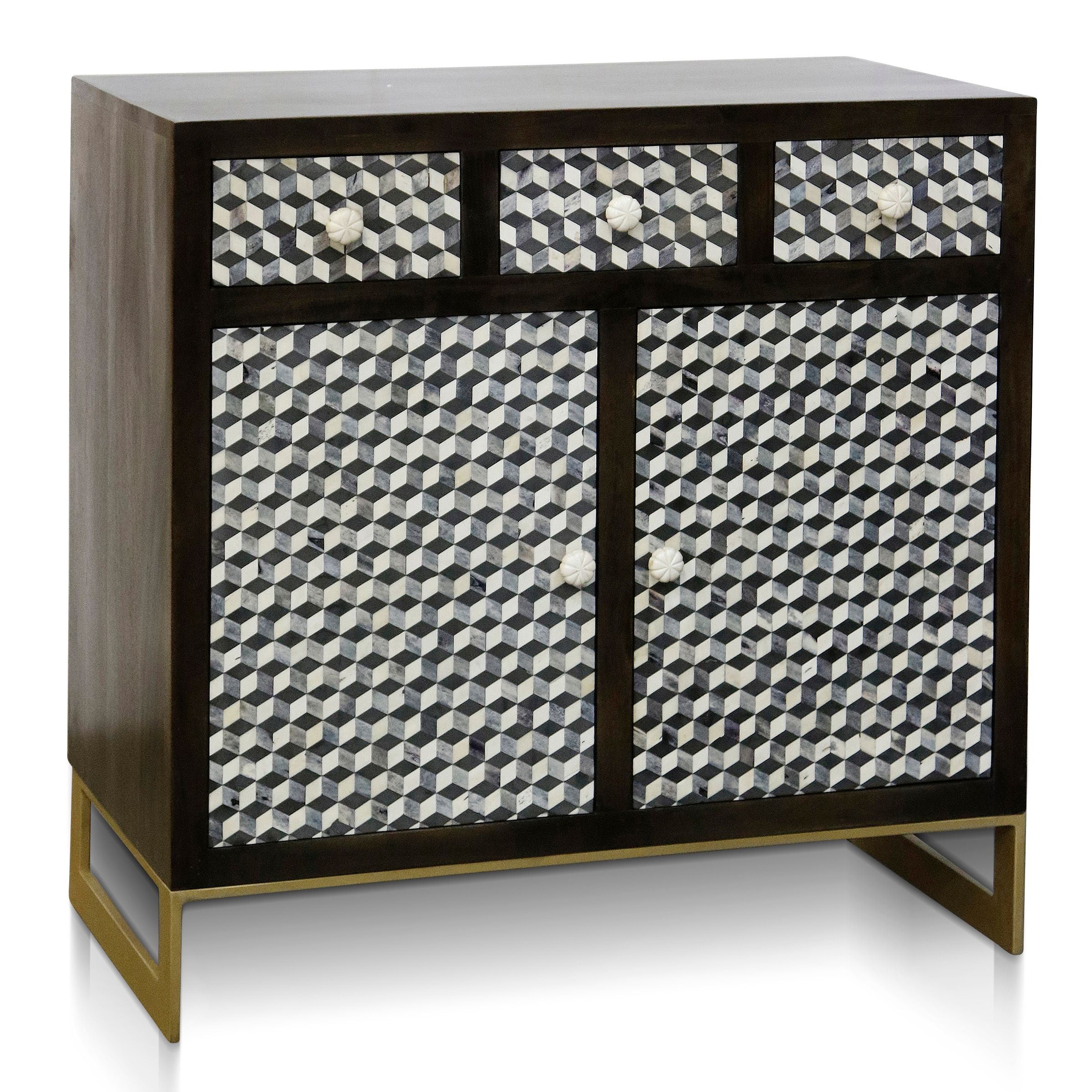 Cameron Cabinet - Chevron Ivory Bone, Antique Gold Metal, Espresso Brown Finish