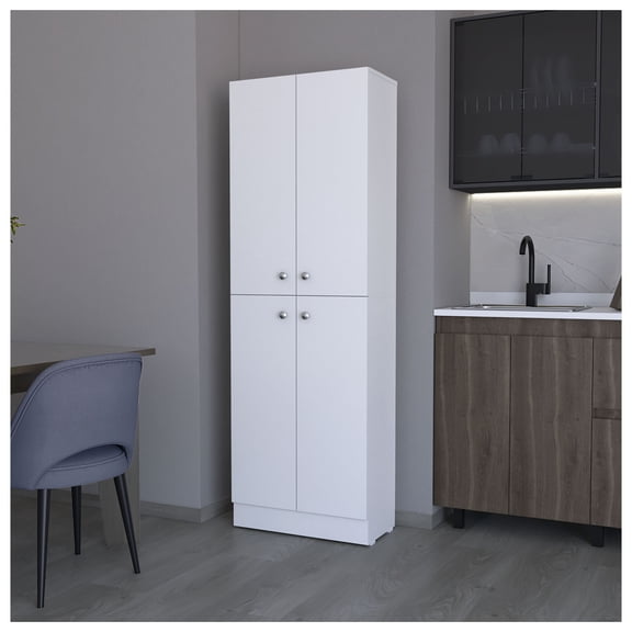 Cameron Pantry Cabinet with 4 doors and 5 shelves White + White + Kitchen + Contemporary + Rectangular + Stationary Kitchen Islands + Pine + Particle Board + Engineered Wood + Small (less than 40in)