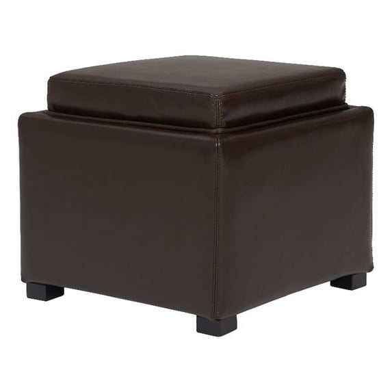 Cameron Square Bicast Leather Storage Ottoman with tray, Brown