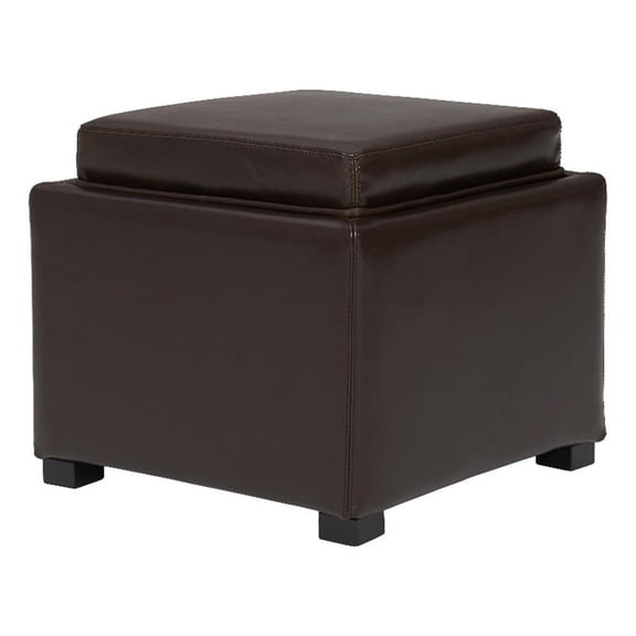 Cameron Square Bicast Leather Storage Ottoman with tray, Brown