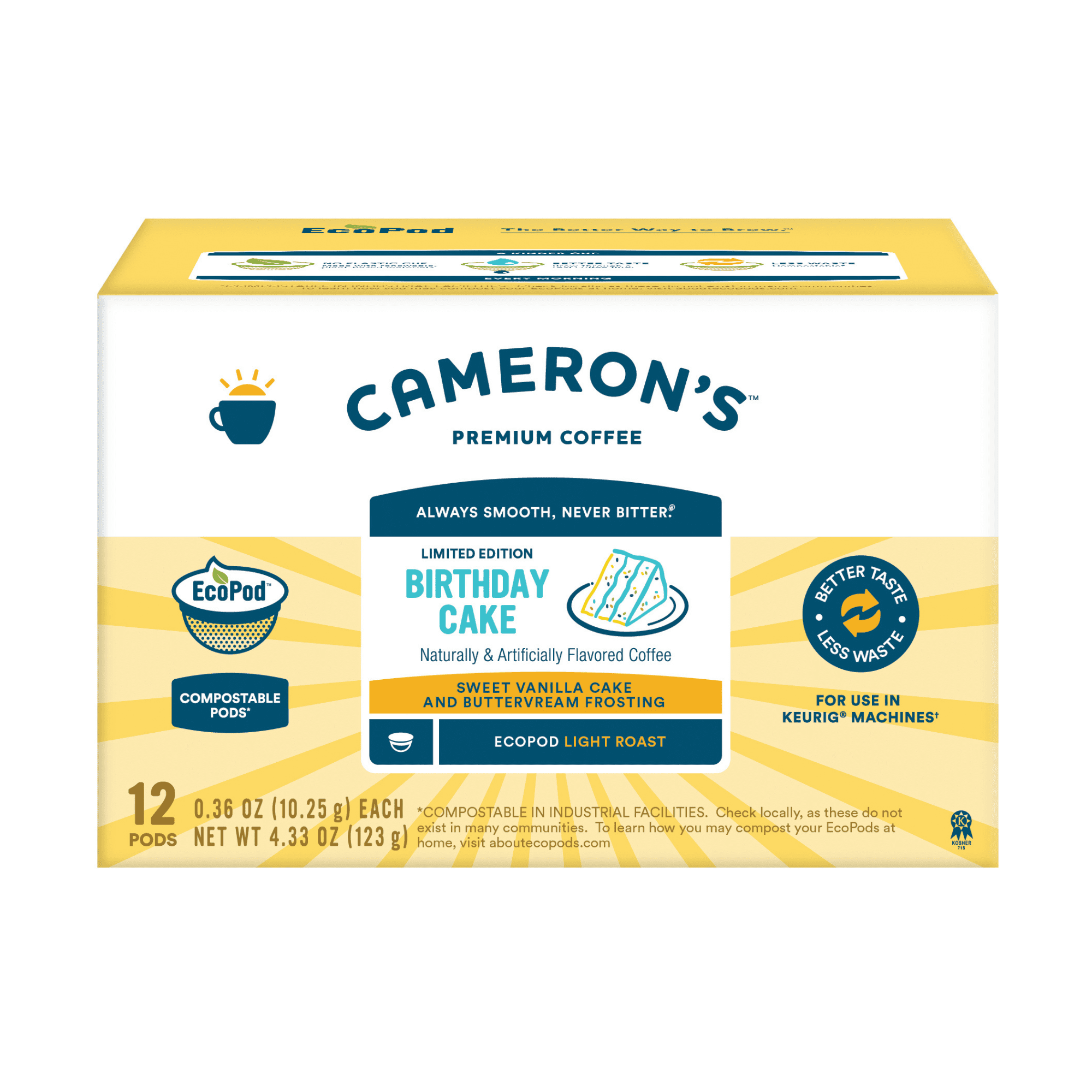 Cameron's Coffee Birthday Cake Flavored Light Roast Compostable Coffee Pods Single Serve K Cups for Keurig, Vanilla & Buttercream, 12 count Ecopods Box