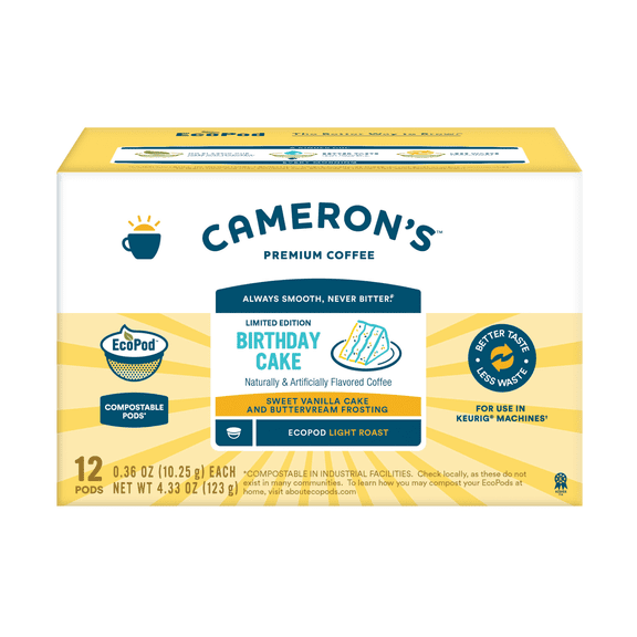 Cameron's Coffee Birthday Cake Flavored Light Roast Compostable Coffee Pods Single Serve K Cups for Keurig, Vanilla & Buttercream, 12 count Ecopods Box