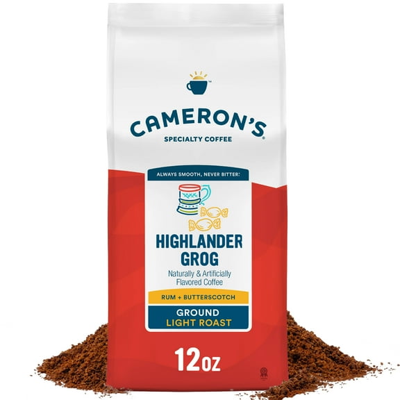 Cameron's Coffee Highlander Grog Flavored Light Roast Ground Arabica Coffee, Rum & Butterscotch, 12 oz Bag