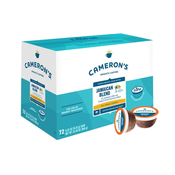 Cameron's Coffee Jamaican Blend Medium-Dark Roast Compostable Coffee Pods Single Serve K Cups for Keurig, Full & Complex, 72 count Ecopods Box