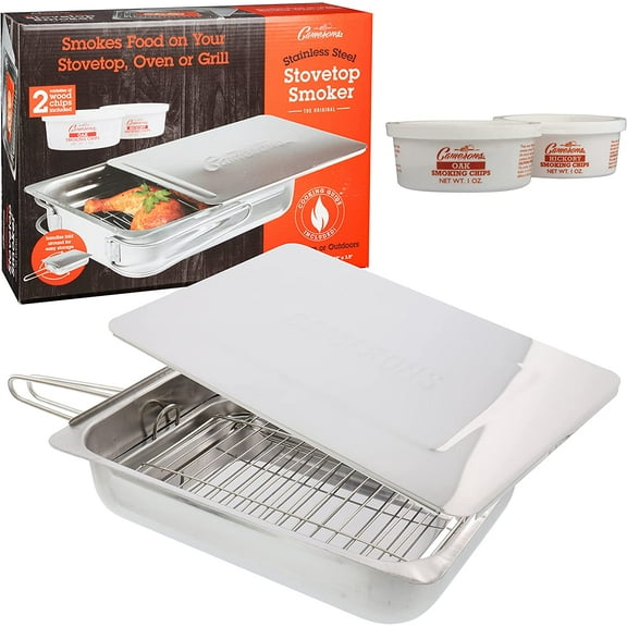 Cameron's Large Stovetop Smoker w Wood Chips and Recipes 11" x 15" x 3.5" - Stainless Steel Smoker - Great For Dinner, Feasts, Parties & More