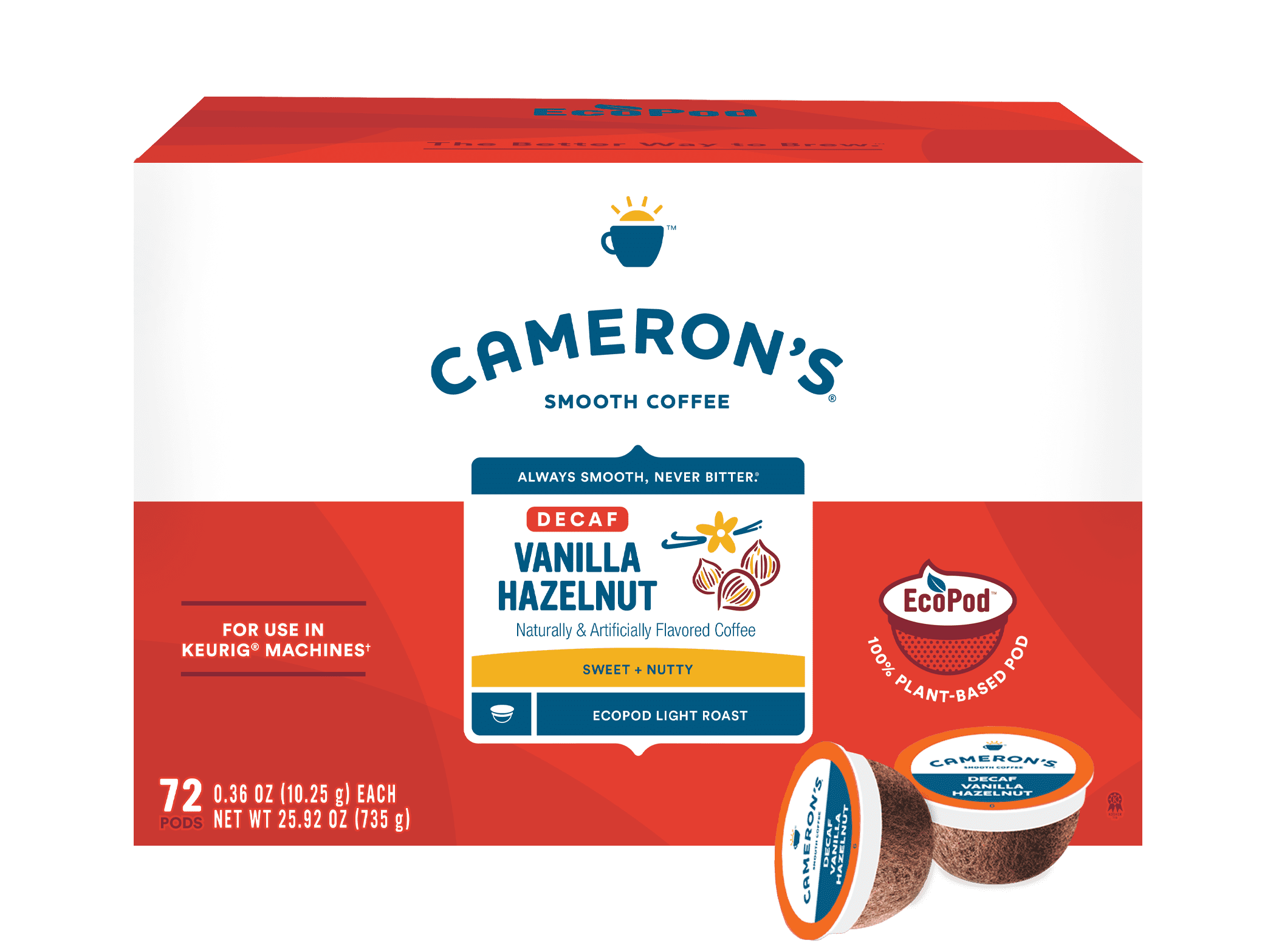 Cameron's Coffee Decaf Vanilla Hazelnut Light Roast Coffee EcoPods- 72 ct